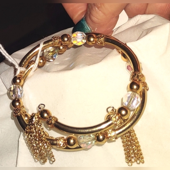 Gold Tassels Wire Wrap Tube Bead Vintage Bangle - Picture 7 of 13